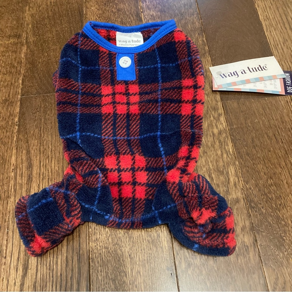 🐾 Adorable Wag-A-Tude Red Blue Plaid Pajamas Bodysuit Dog Puppy XS 12”-14”